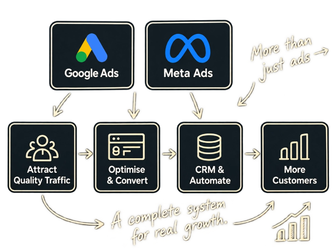 Marketing funnel showing Google Ads and Meta Ads driving quality traffic, conversions, CRM automation and customer growth